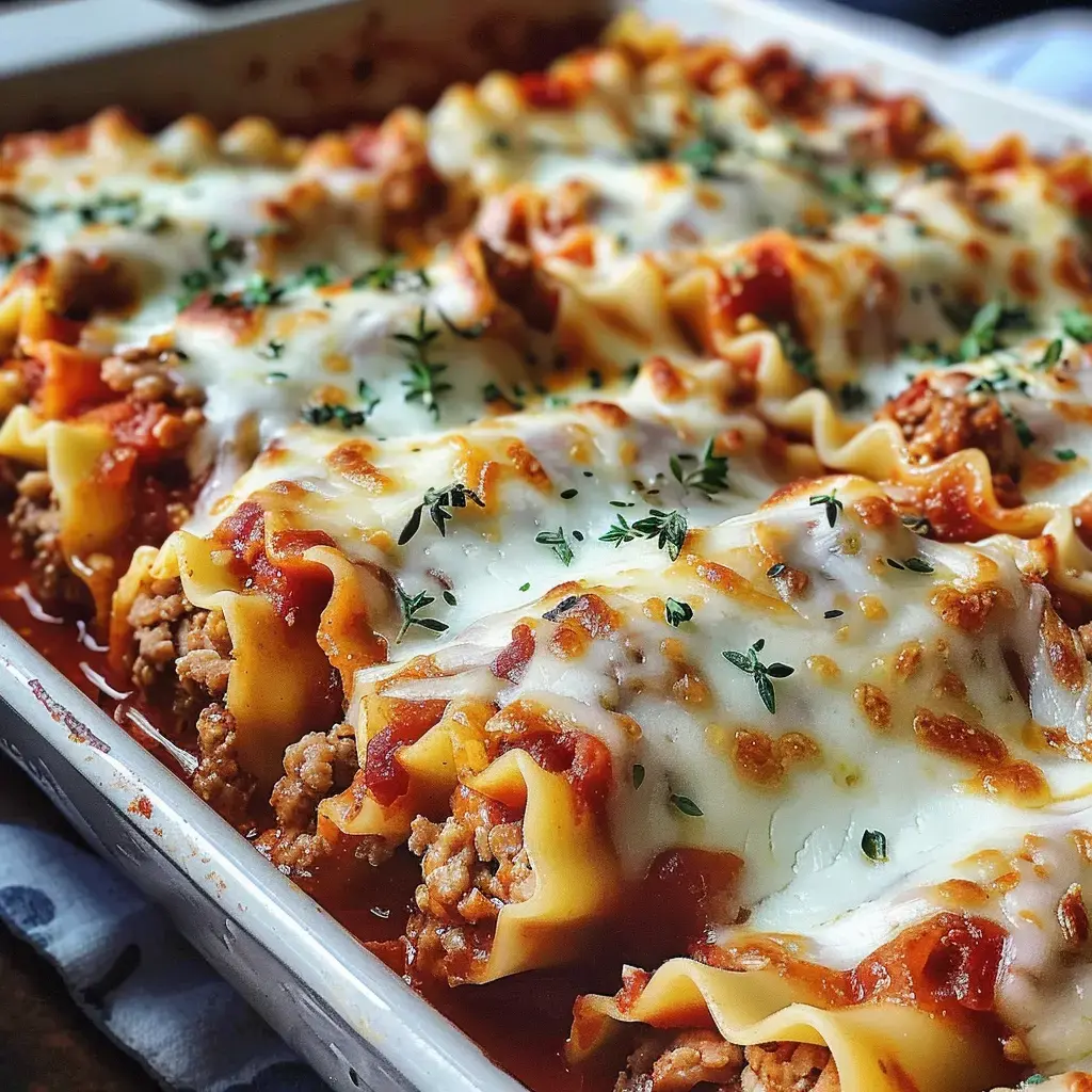 Ofenfrische Lasagne mit Hackfleisch, Käse und frischem Thymian.
