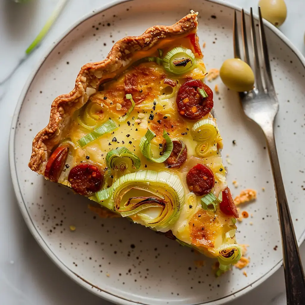 Ein Stück Lauchtarte mit Chorizo auf einem Teller, daneben eine Gabel.