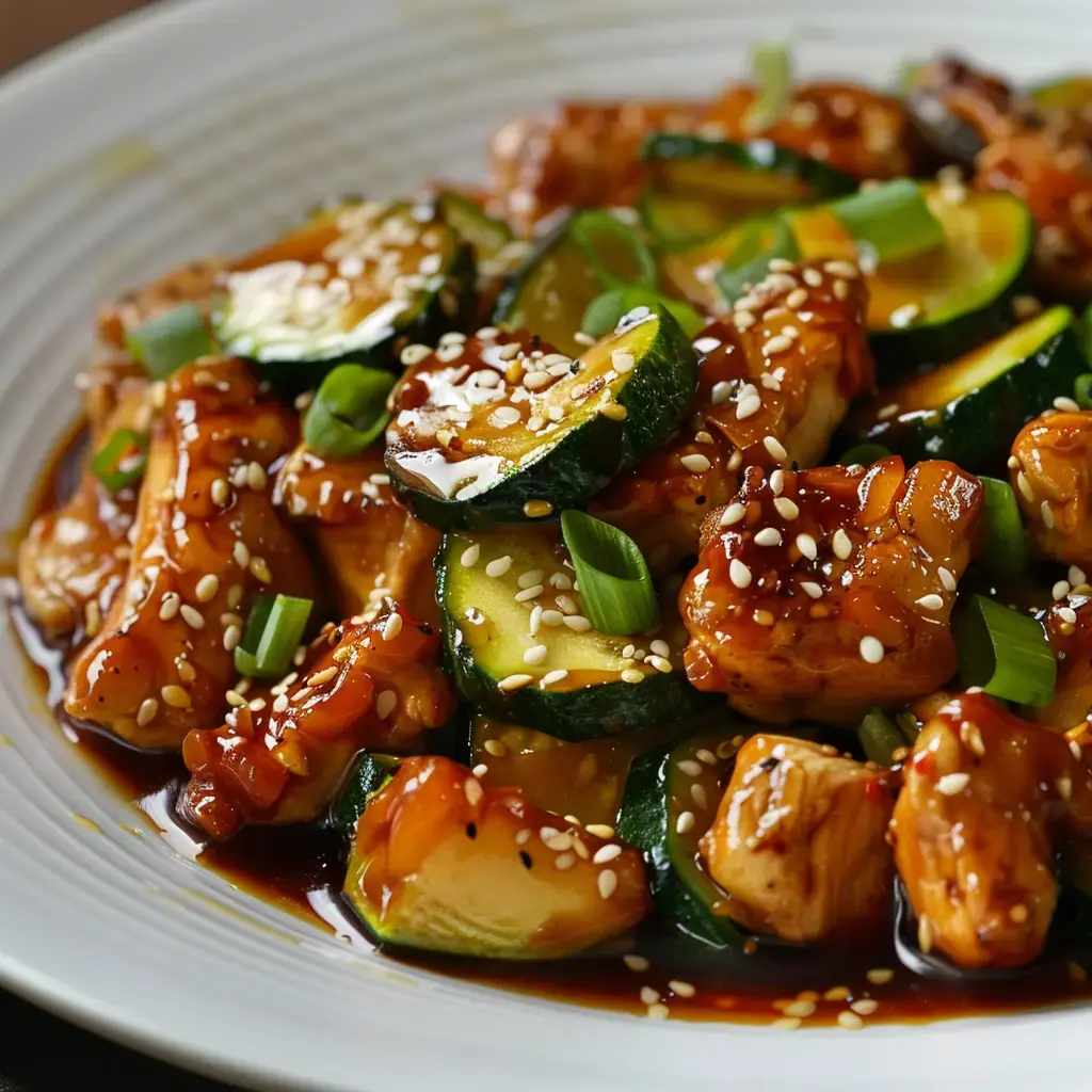 Gebratenes Poulet mit Courgette, serviert mit Sesam und Frühlingszwiebeln.