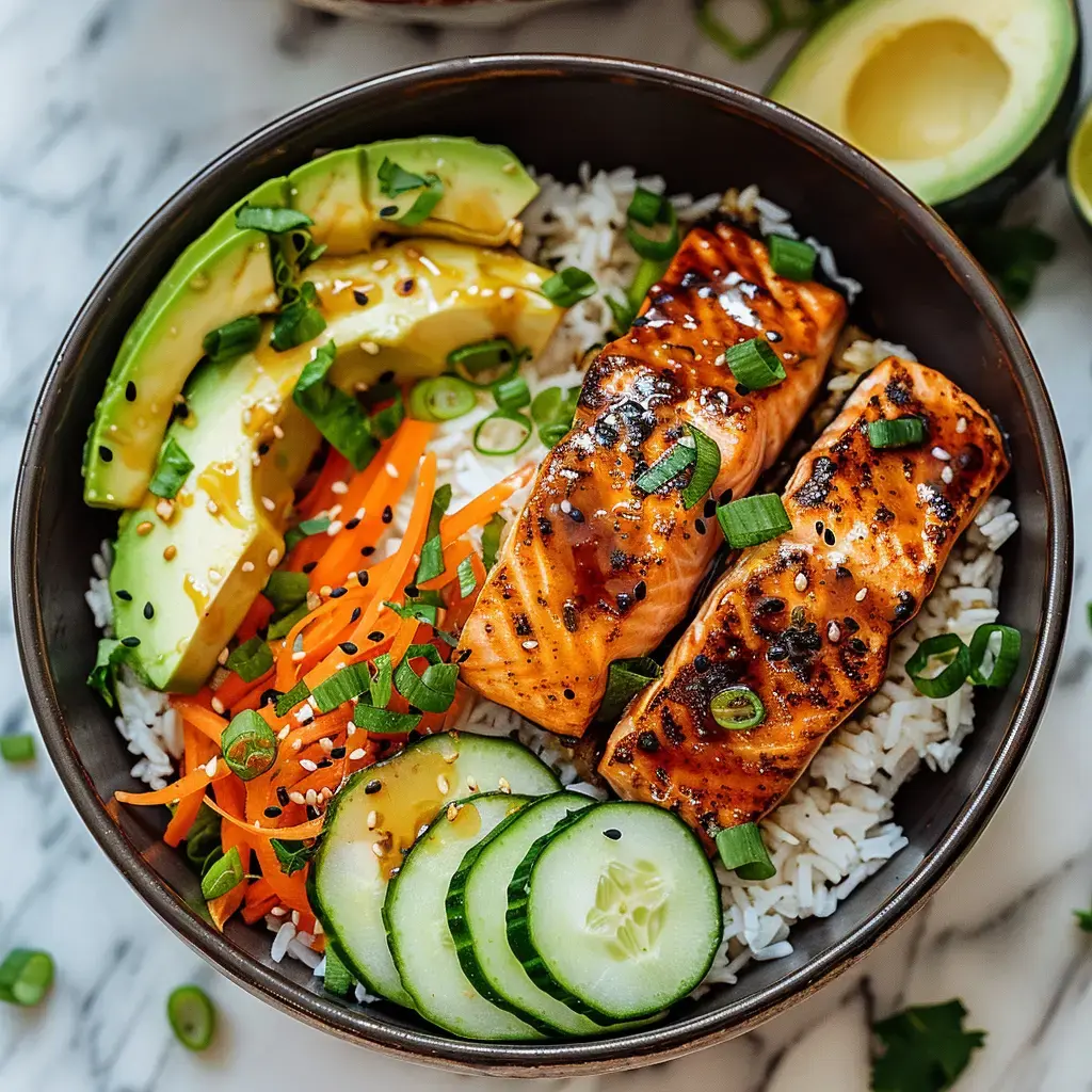 Reisschale mit gebratenem Lachs, Avocado, Karotten, Gurken und Frühlingszwiebeln als Garnitur.