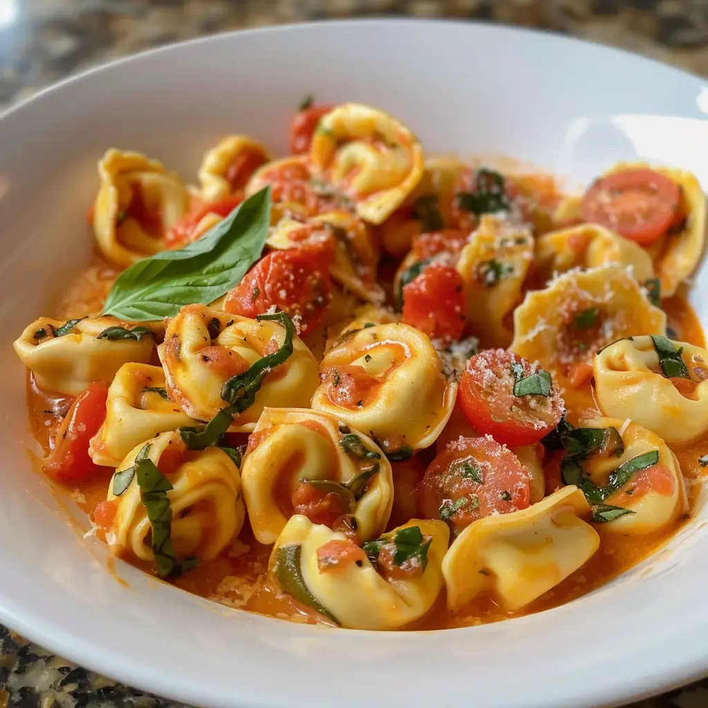 Eine Schüssel Tortellini mit Kirschtomaten und Basilikum in einer cremigen Soße.