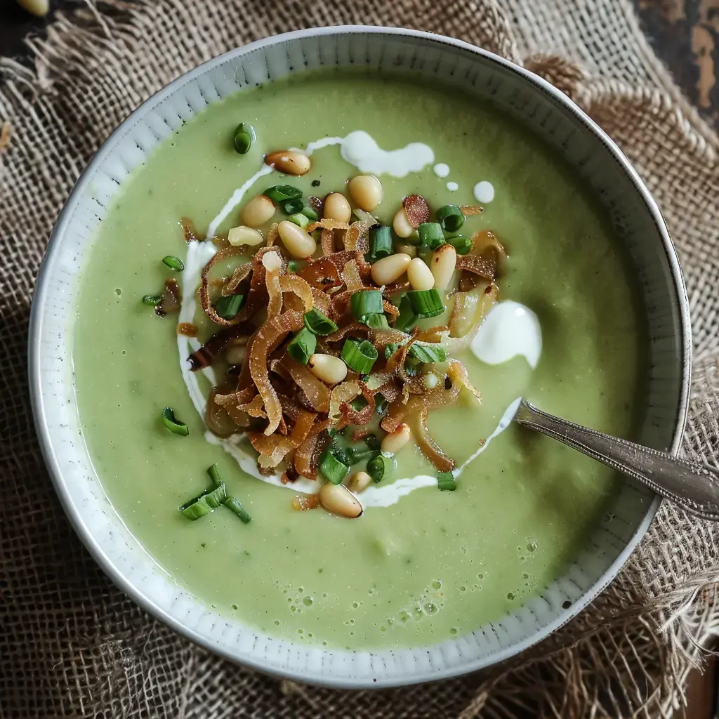 Eine grüne Suppe mit Schnittlauch, Pinienkernen und Röstzwiebeln in einer Schüssel serviert.