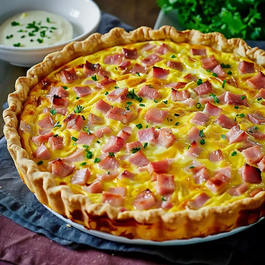 Heißer Quiche mit Schinkenstücken und Käse, serviert mit frischen Kräutern und einer hellen Sauce.