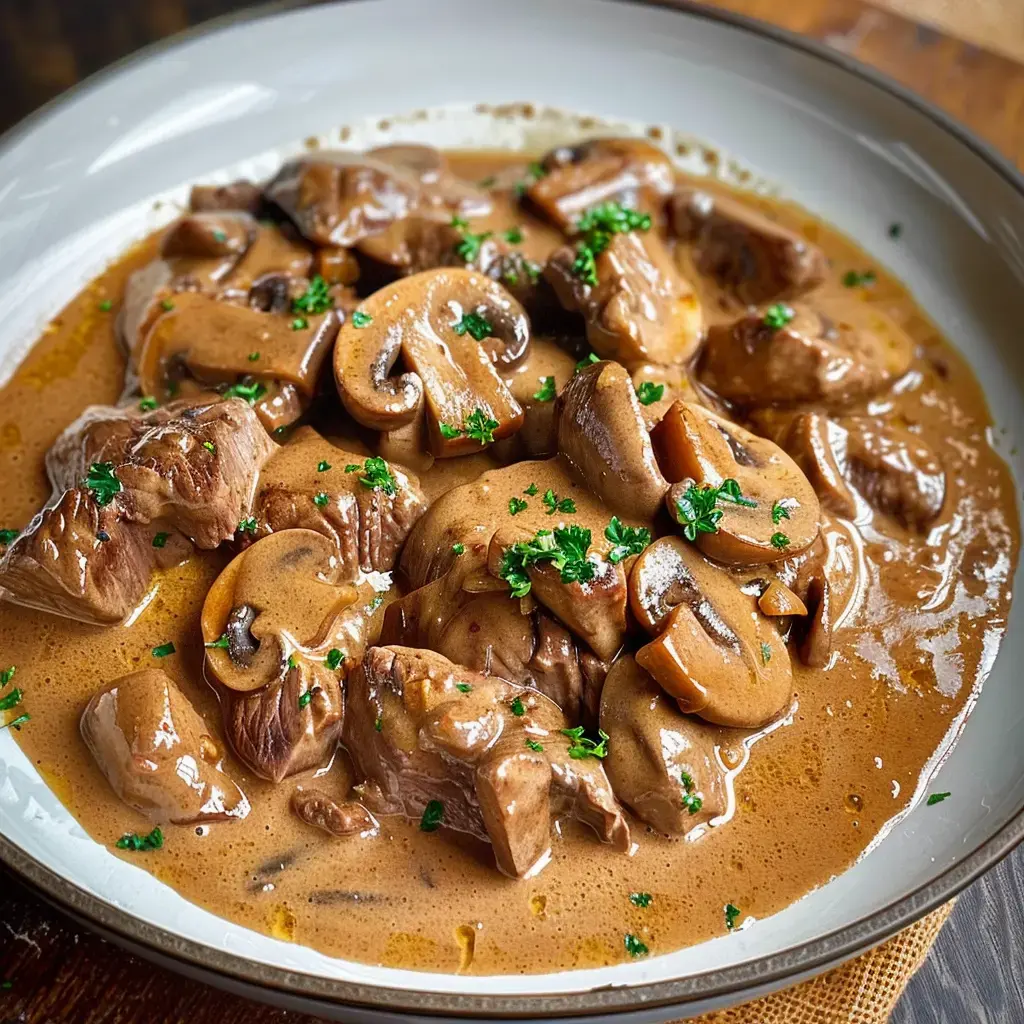 Ein Teller saftiges Rindfleisch in einer cremigen Pilzsauce, mit Petersilie garniert.