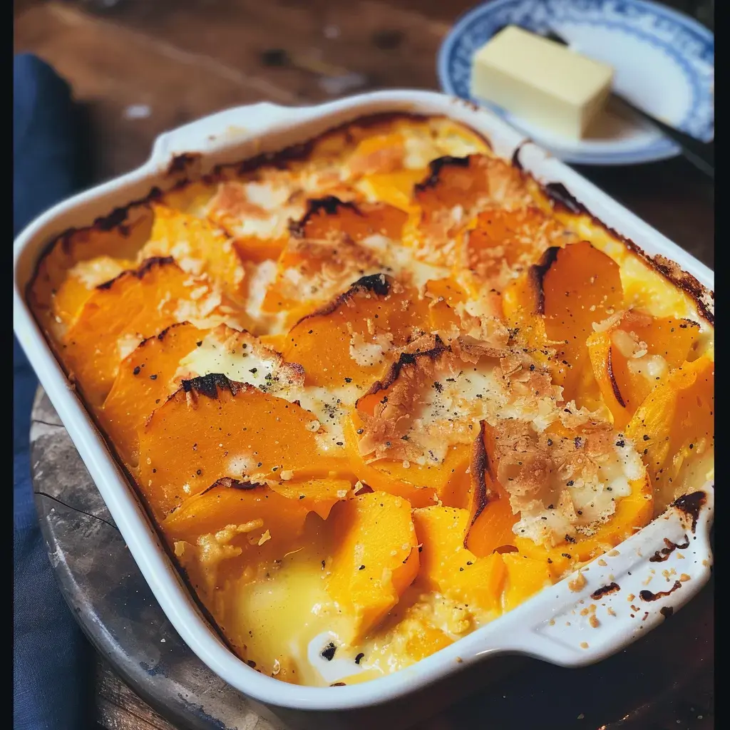 Ein goldbrauner, knuspriger Auflauf aus Butternut-Kürbis mit einer Butterflocke daneben serviert.