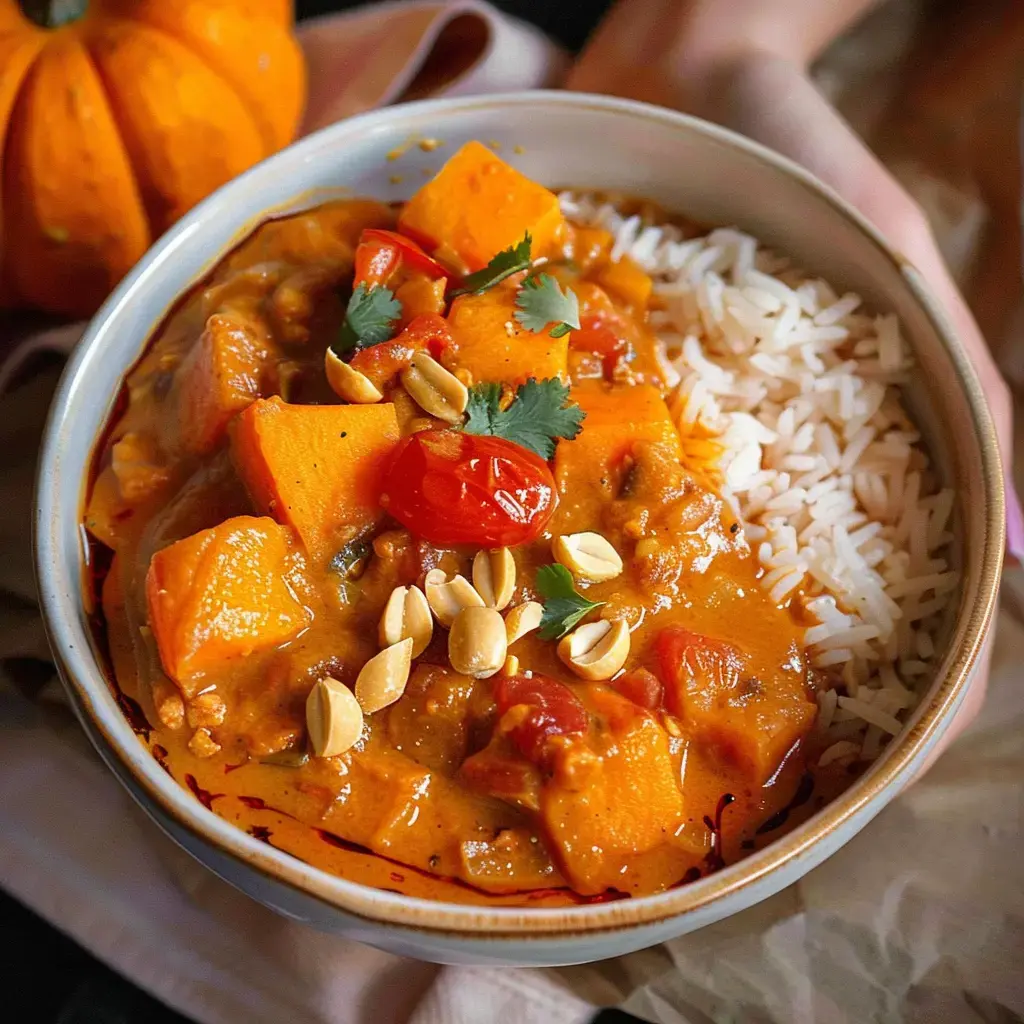Ein Schüssel Reis mit Potimarron-Curry, garniert mit Kirschtomaten, Koriander und Erdnüssen, neben einem kleinen Kürbis.