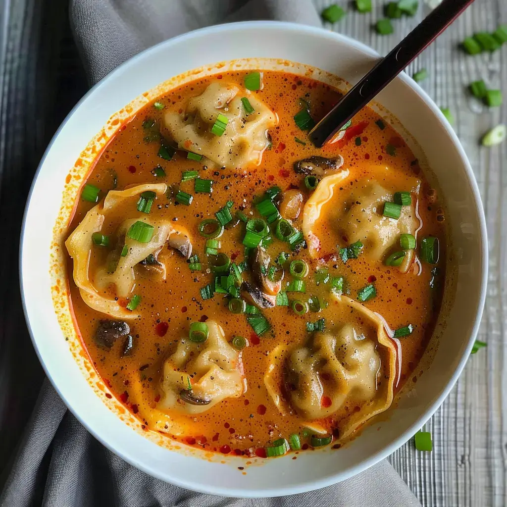 Schale mit würziger Suppe, gefüllt mit Ravioli, gehackten Frühlingszwiebeln und Pilzen in einer cremigen Brühe.