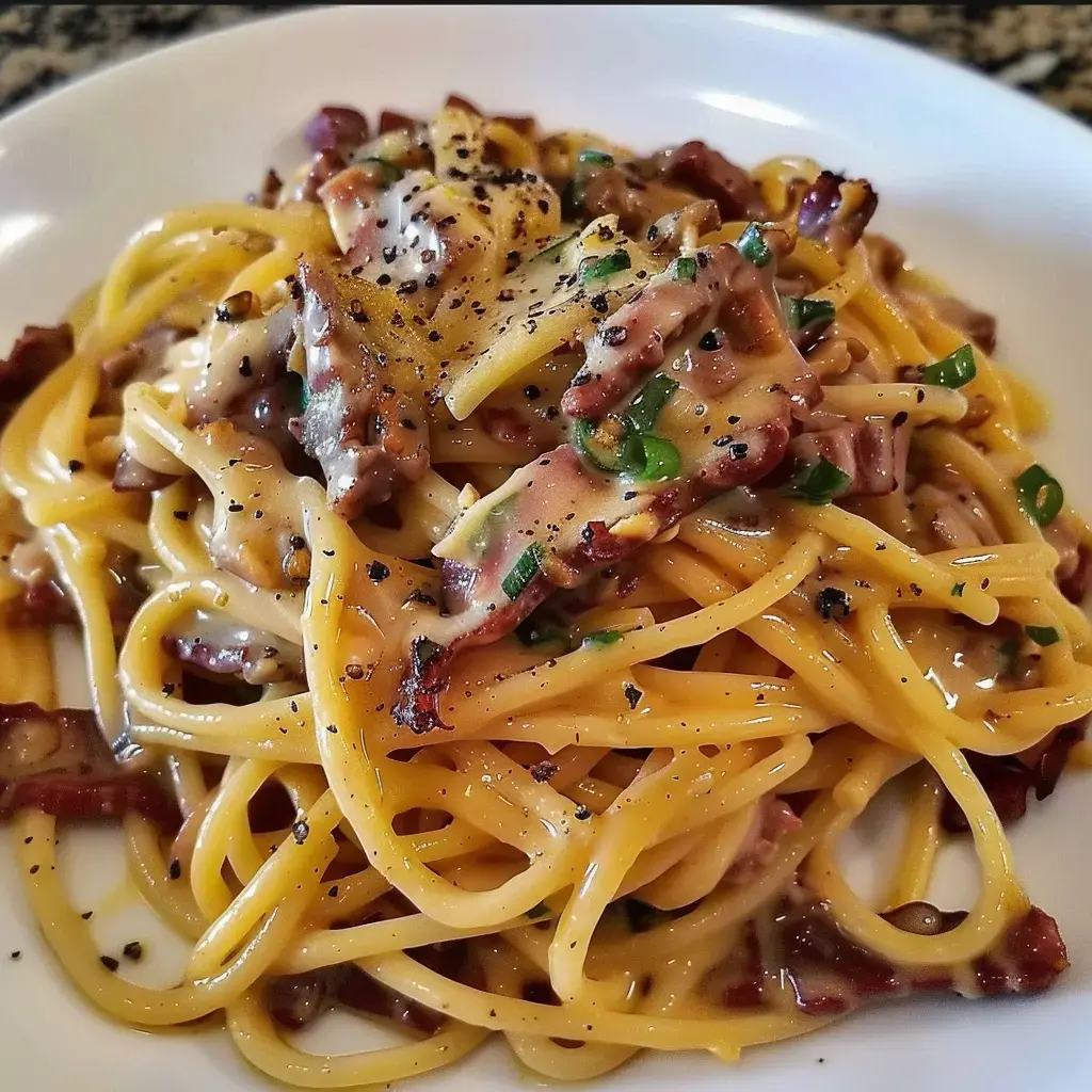 Ein Teller Spaghetti mit cremiger Soße, Fleischstückchen und Frühlingszwiebeln, bestreut mit schwarzem Pfeffer.