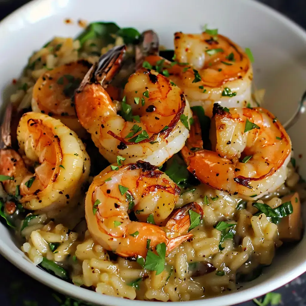 Ein Teller cremiges Risotto mit gegrillten Crevetten und frischen Petersilienstückchen.