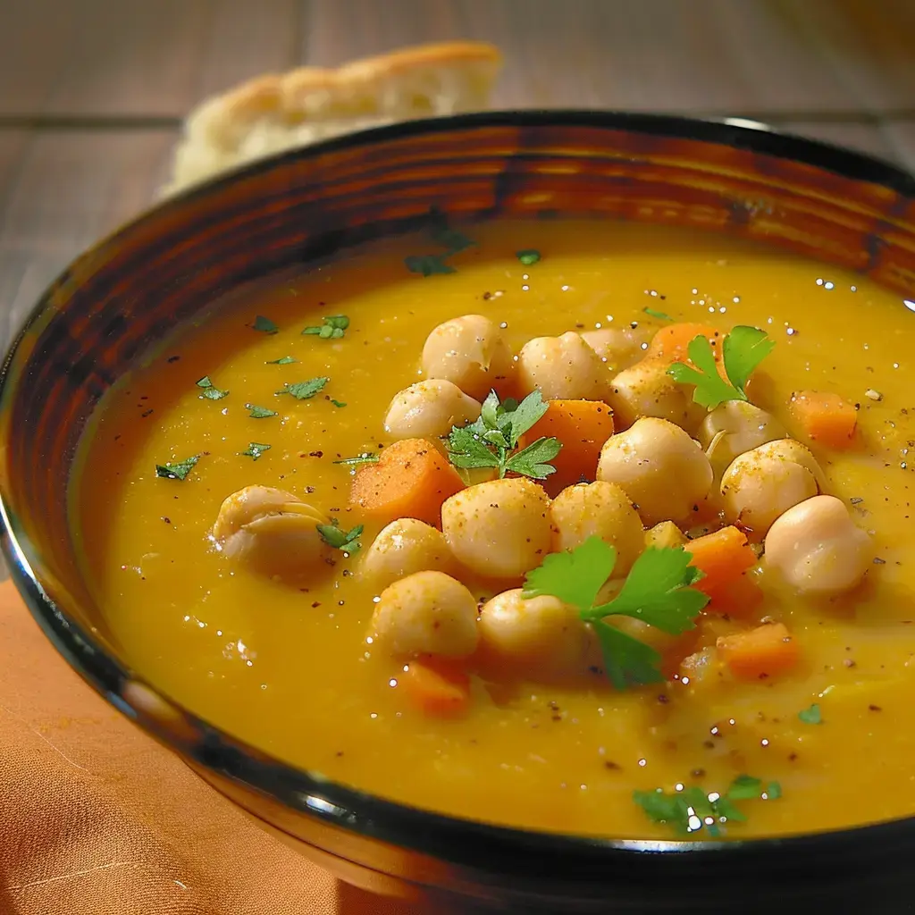 Eine cremige Suppe aus Kichererbsen und Karotten, garniert mit frischer Petersilie in einer schwarzen Schale.