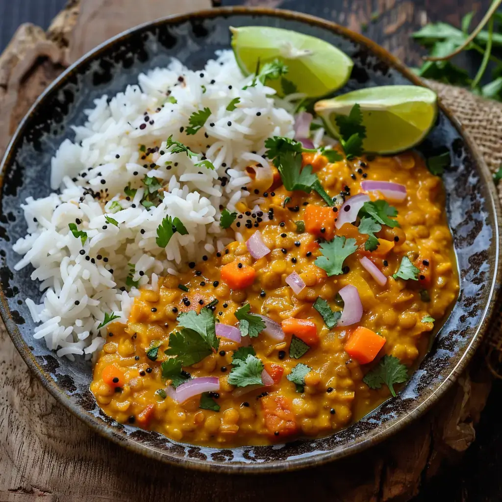 Ein Teller mit Linsen-Curry, daneben weißer Reis, garniert mit Koriander, roten Zwiebeln und Limettenscheiben.