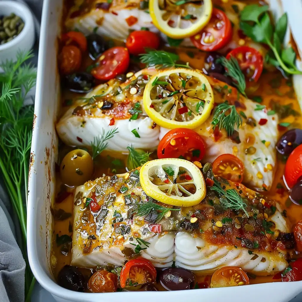 Gebackene Fischfilets mit frischen Tomaten, Oliven, Zitronenscheiben und Kräutern in einer Auflaufform angerichtet.