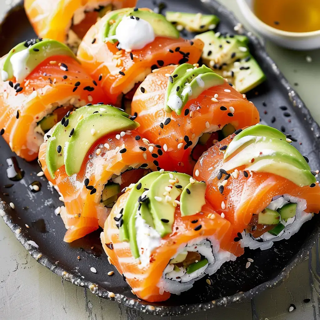 Kleine Lachsröllchen gefüllt mit Avocado, Gurke und Mayonnaise, serviert auf schwarzem Teller mit Sesam und Sauce.