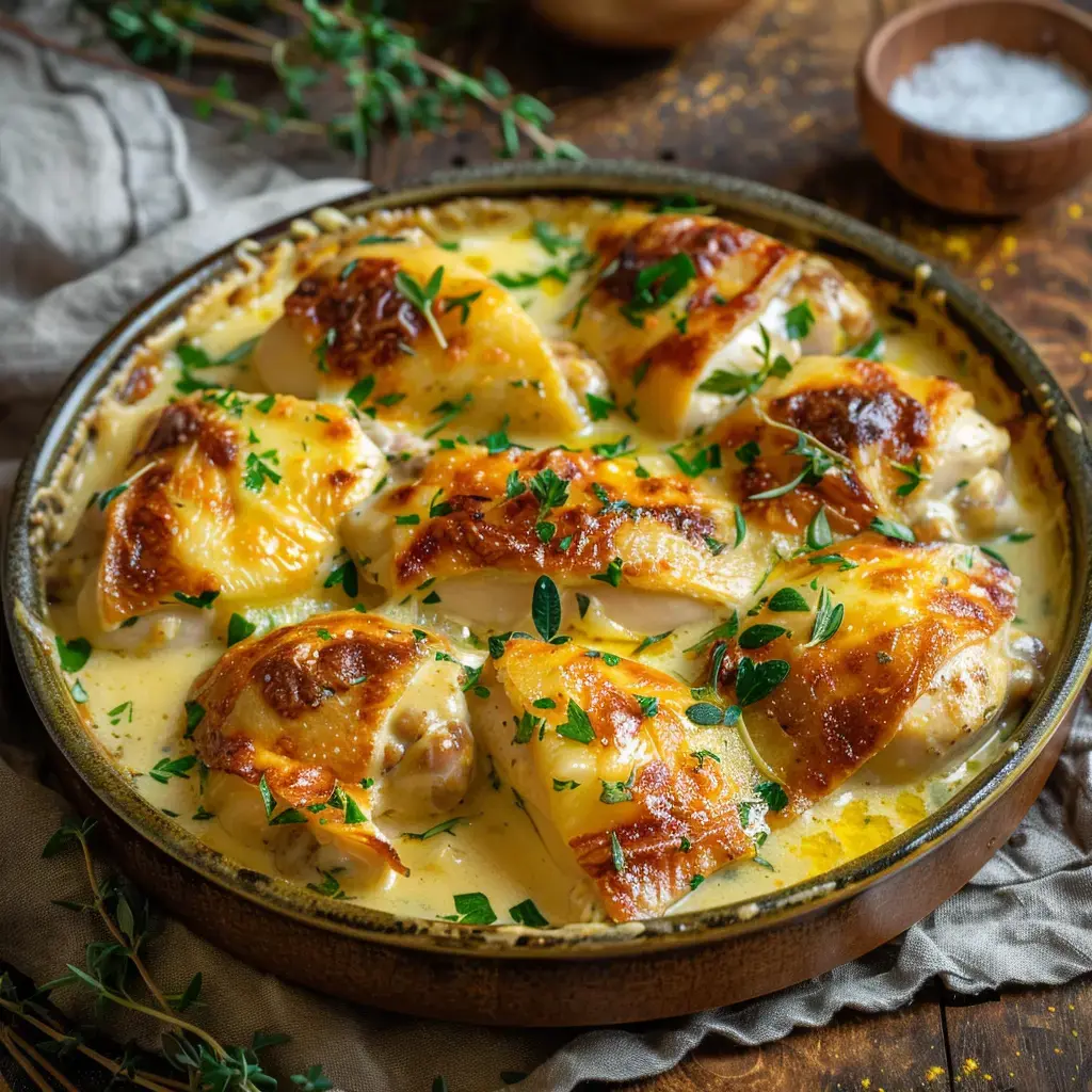 Gefüllte Teigrollen mit Huhn in cremiger Sauce, überbacken und mit frischer Petersilie garniert.