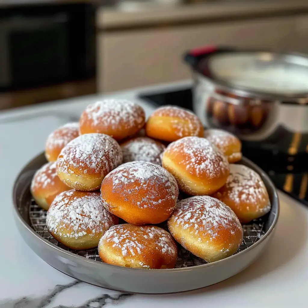 Ein Teller mit Krapfen, bestäubt mit Puderzucker, in einem Stapel angerichtet, im Hintergrund ein Topf.