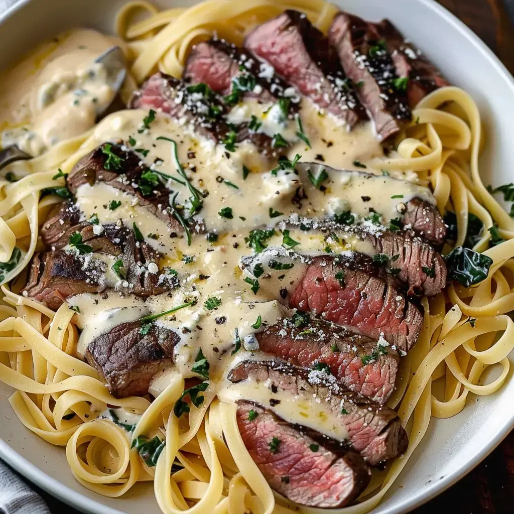 Fettuccine mit zartem Steak, cremiger Sauce und frischem Petersilien-Topping.