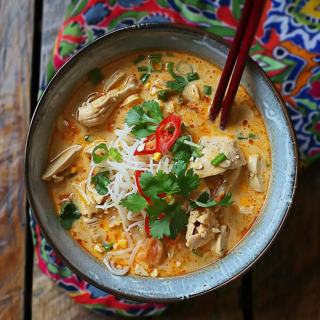 Eine Schale cremige Suppe mit Huhn, Nudeln, frischen Kräutern und roten Chilischoten auf einer bunten Tischdecke.