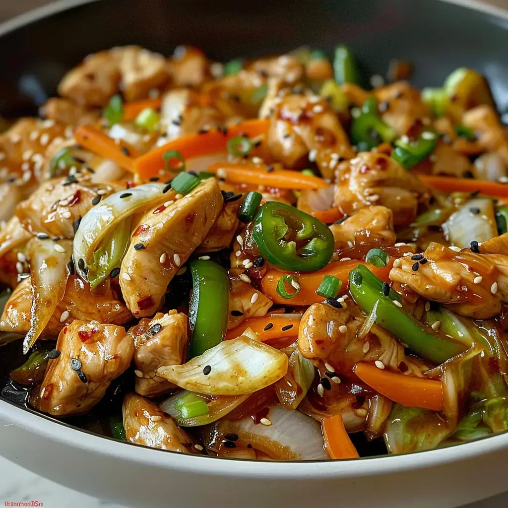 Ein Teller mit gebratenem Poulet und buntem Gemüse, garniert mit Sesam und Sauce, serviert in einer Schale.