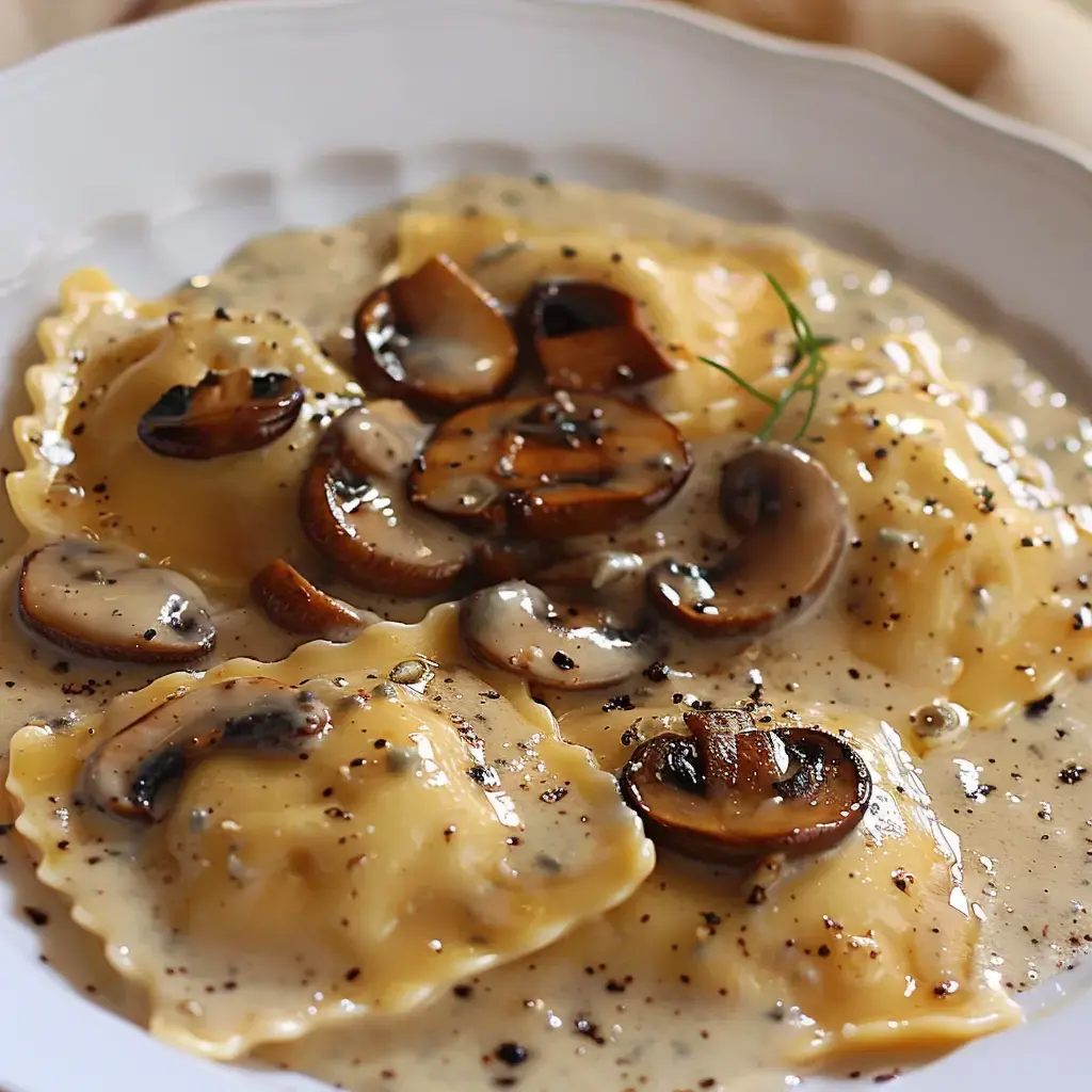 Gefüllte Ravioli in einer cremigen Sauce, garniert mit sautierten Pilzen.