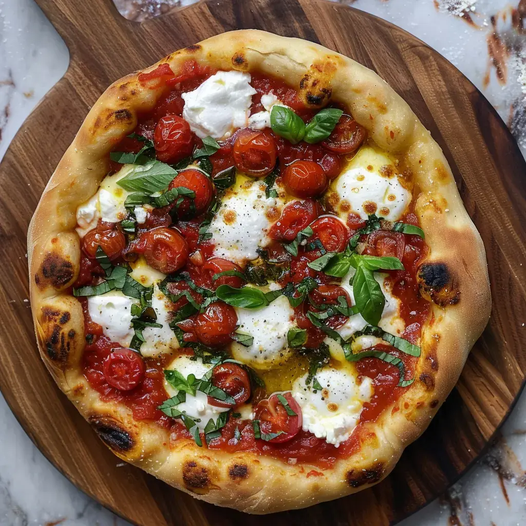 Eine Pizza mit Kirschtomaten, Mozzarella, frischem Basilikum und Olivenöl auf einem Holzbrett serviert.