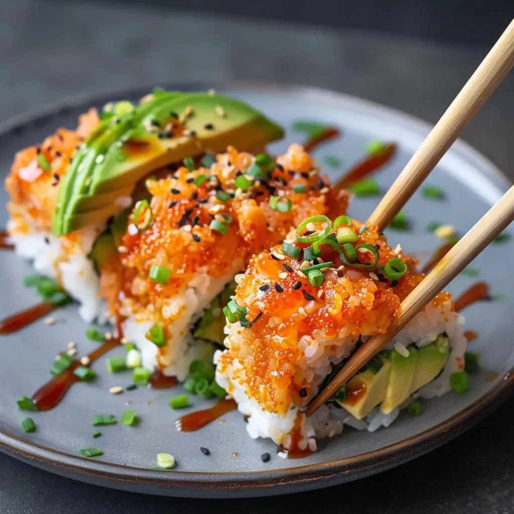 Sushis mit Avocado, Frühlingszwiebeln und Fisch, auf einem grauen Teller serviert.