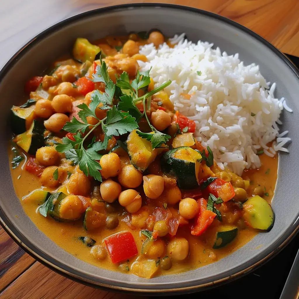 Eine Schüssel Kichererbsen-Curry mit Gemüse, serviert mit Reis und frischem Koriander.