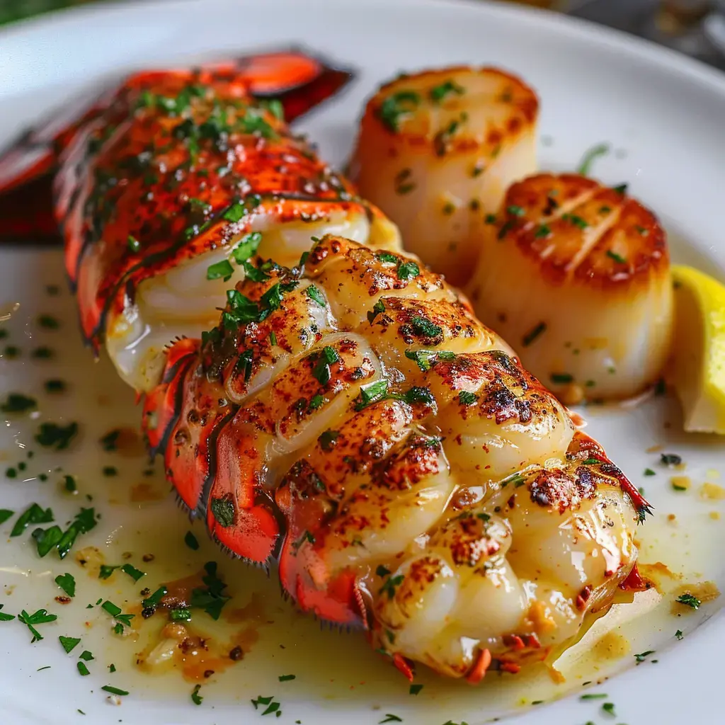Ein gegrillter Hummer mit Saint-Jacques und Zitronenscheiben, dekoriert mit frischer Petersilie.