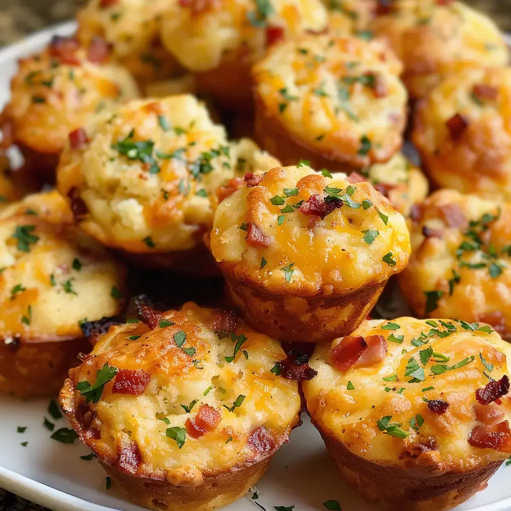 Herzhafte Muffins aus Käse und Speck mit Petersilie auf einem Teller angerichtet.