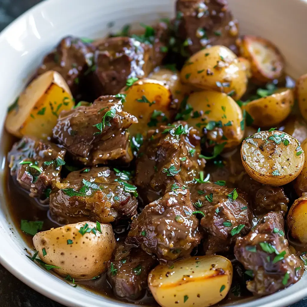 Ein Gericht mit zartem Fleisch und Kartoffeln, garniert mit frischer Petersilie.