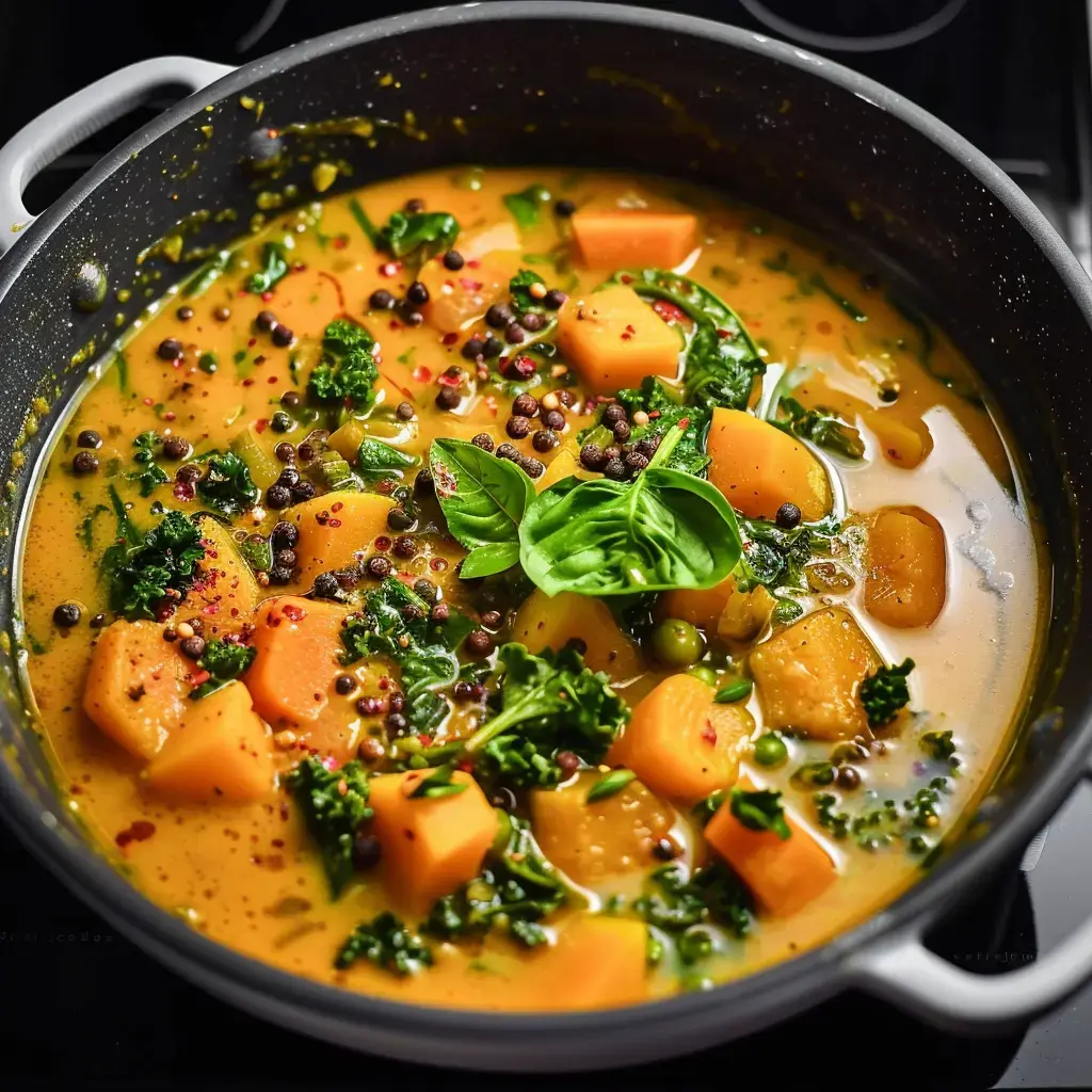 Ein Topf mit cremiger Suppe, Süßkartoffelstücken, Grünkohl und bunten Gewürzen.
