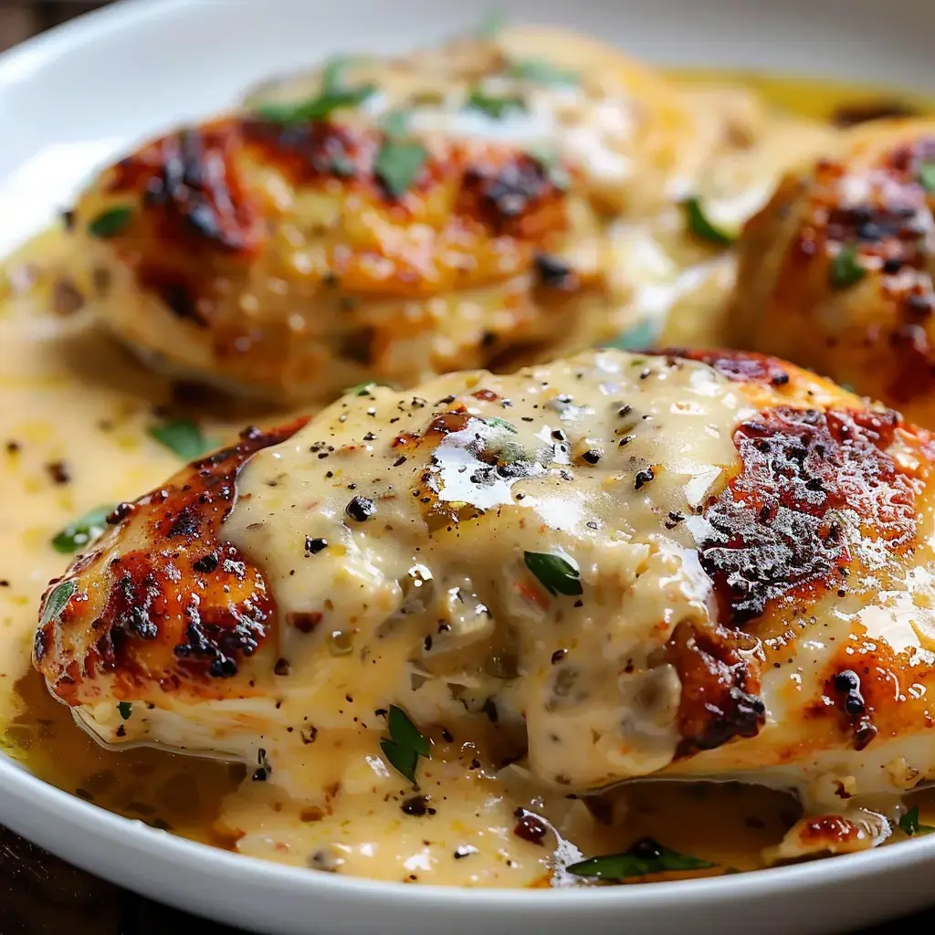 Gegrilltes Poulet mit cremiger Sauce und frischen Kräutern serviert.