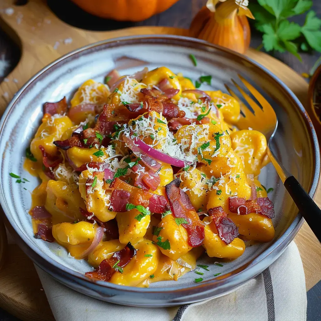 Ein Teller mit Gnocchi in orangener Soße, garniert mit knusprigem Speck, roten Zwiebeln und Parmesan auf dekorativem Geschirr.
