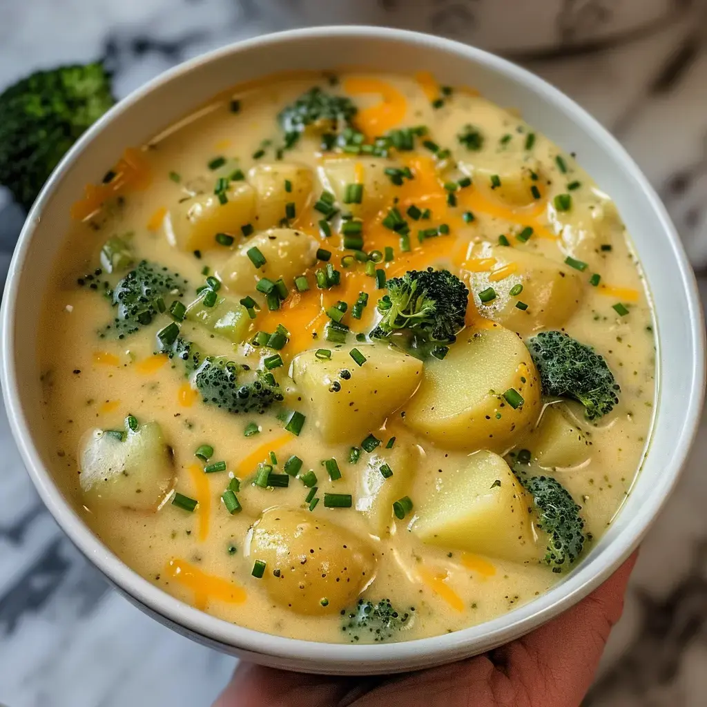 Ein Teller cremige Suppe mit Kartoffeln, Brokkoli und Cheddar, garniert mit frischem Schnittlauch.