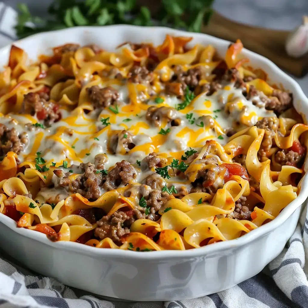 Ein Teller mit Nudeln, Hackfleisch, Tomatensoße und geschmolzenem Käse in einer weißen Auflaufform.