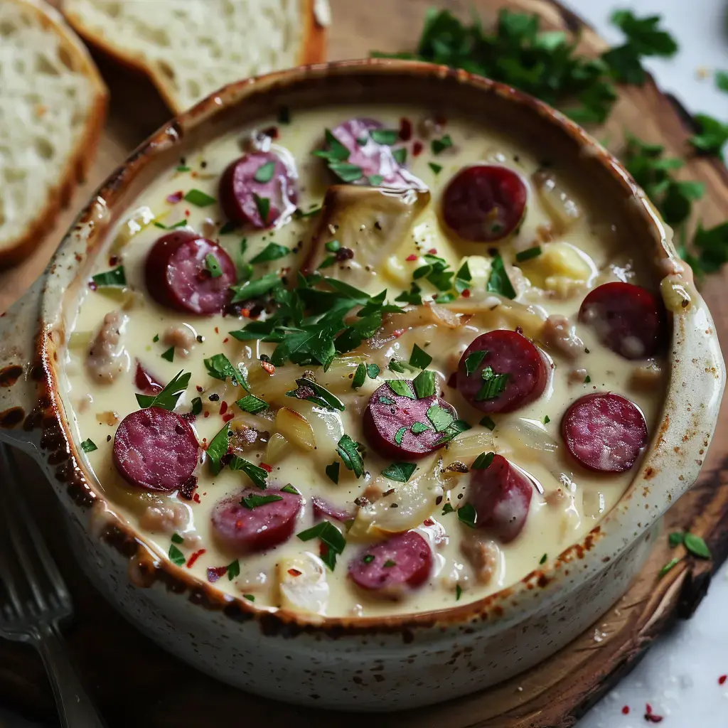 Eine Schüssel mit einer leckeren, cremigen Eintopf-Mischung aus Rauchwurst und Endivien, dekoriert mit Petersilie.