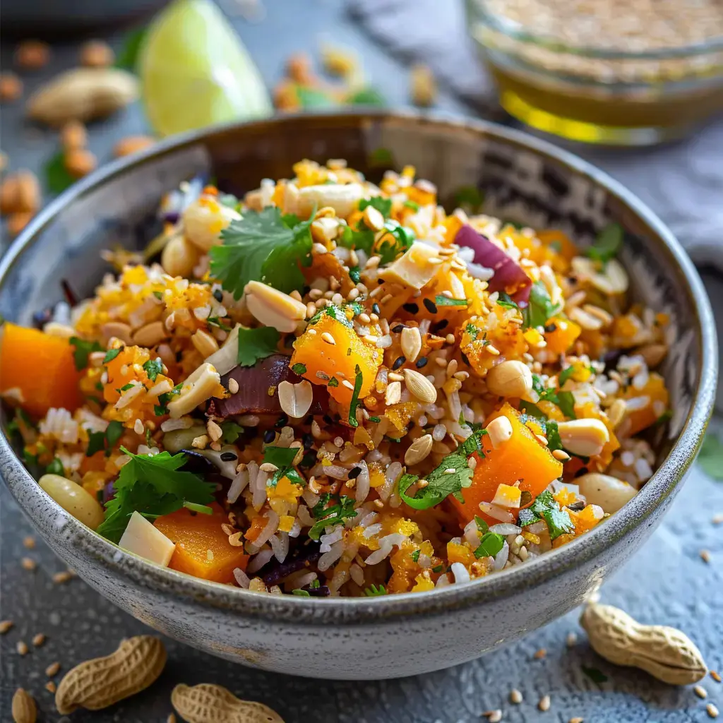 Un bol garni de riz croustillant, potiron rôti, cacahuètes, coriandre fraîche et graines de sésame. Une lime sur le côté l’accompagne.