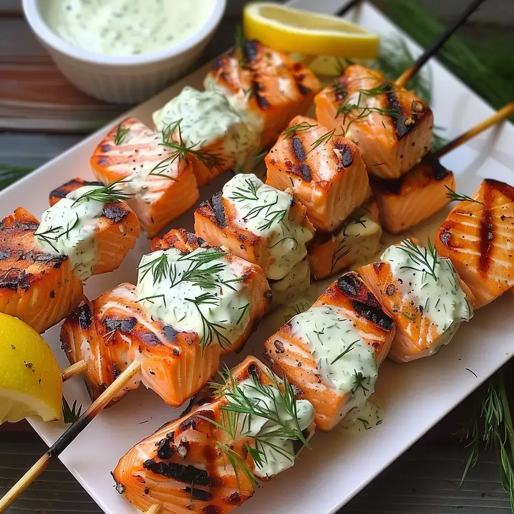 Gegrillte Lachsstücke mit cremiger Dillsauce, serviert mit Zitronenscheiben.