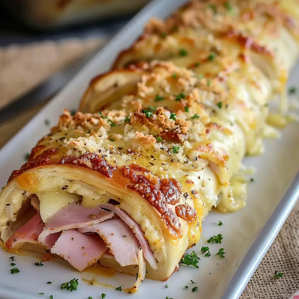 Ein gefüllter Teigroll mit Schinken, geschmolzenem Käse und gehackter Petersilie, serviert auf einem Teller.