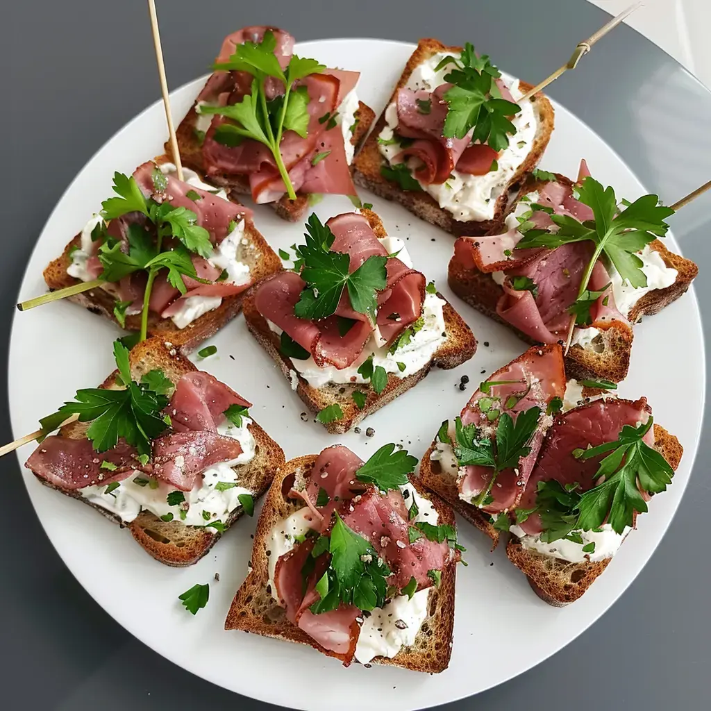 Ein Teller mit gerösteten Brotscheiben, belegt mit Käse und Geräuchertem, dekoriert mit frischen Petersilienblättern.