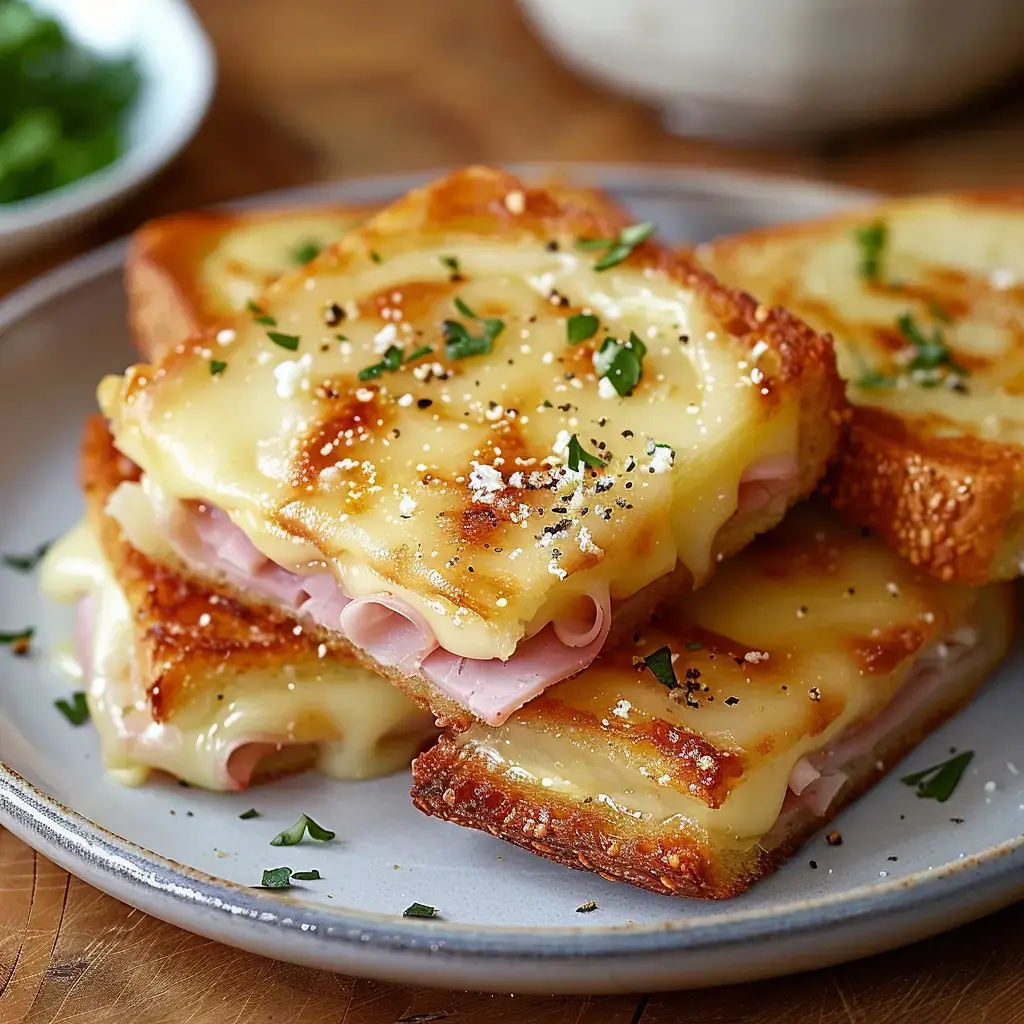 Knusprige Toasts mit Schinken und zerlaufenem Käse, mit Petersilie garniert, auf einem Teller angerichtet.