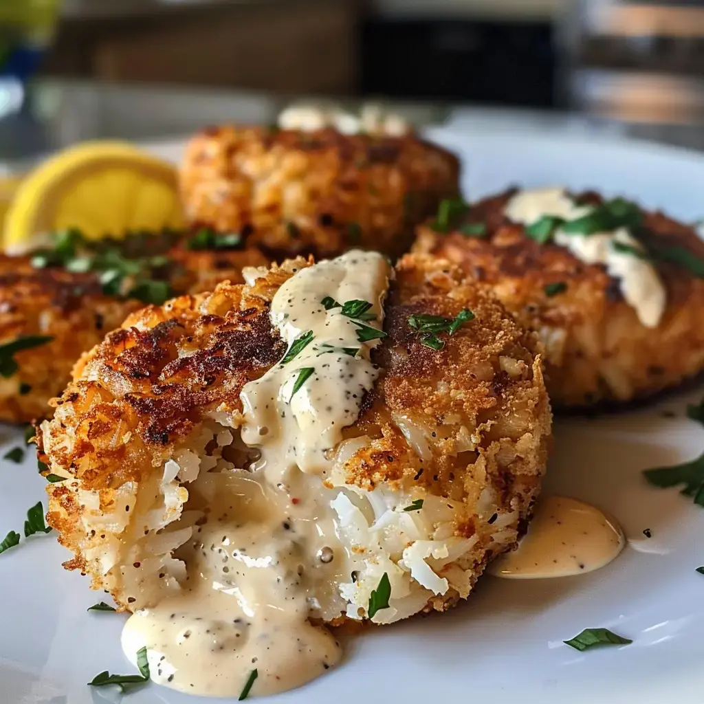 Goldbraune Krabben-Galetten mit cremiger Sauce, Zitronenspalten und frischer Petersilie serviert.