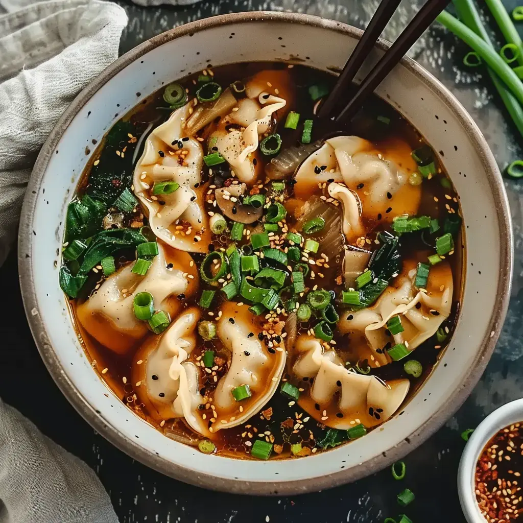 Eine Schüssel Suppe mit Ravioli, Frühlingszwiebeln, Sesamsamen und Gemüse in einem aromatischen Bouillon.