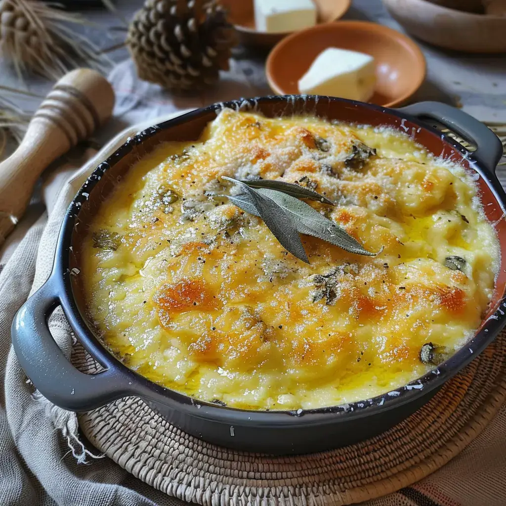 Auflauf mit cremigem Käse, goldbraun gebacken und mit Salbeiblättern garniert, serviert in einer Keramikform.