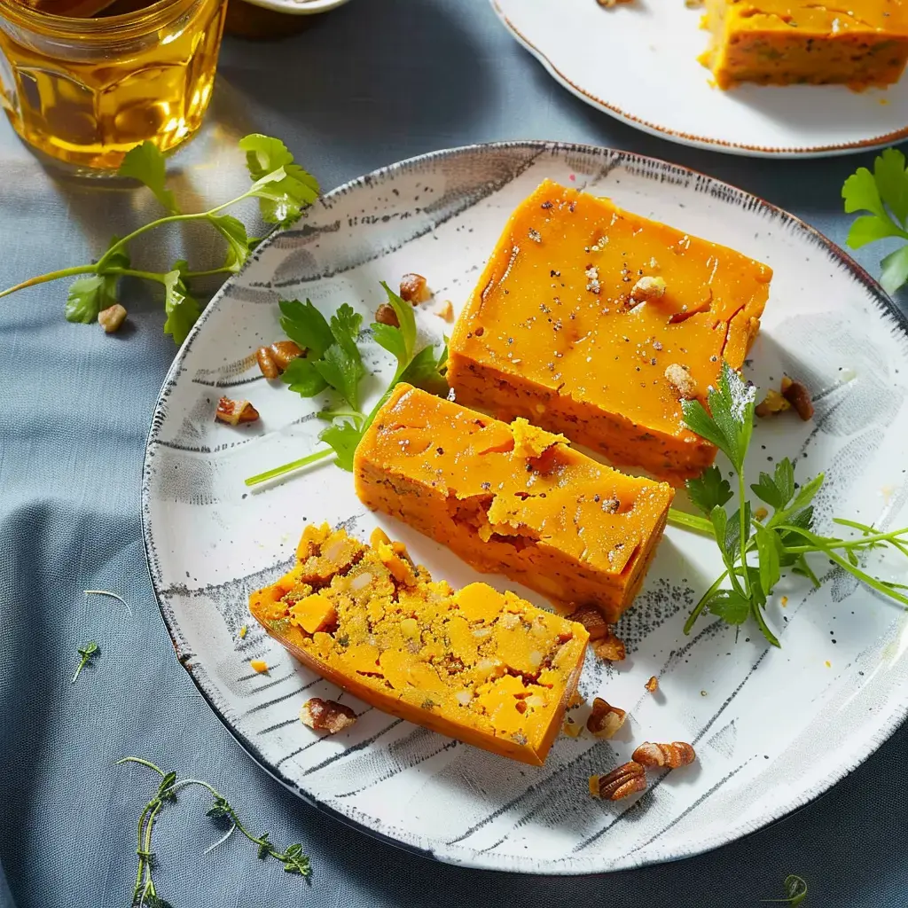 Scheiben einer orangefarbenen Terrine, garniert mit Walnüssen und Petersilienblättern. Präsentiert auf einem Teller.