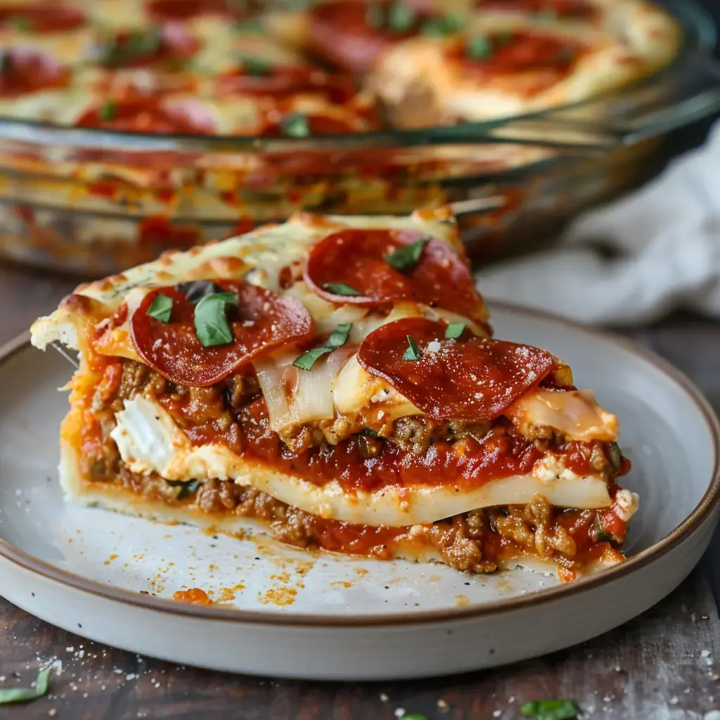 Ein Stück Lasagne mit Hackfleisch, Pepperoni und Käse auf einem Teller, im Hintergrund eine Lasagne-Form.