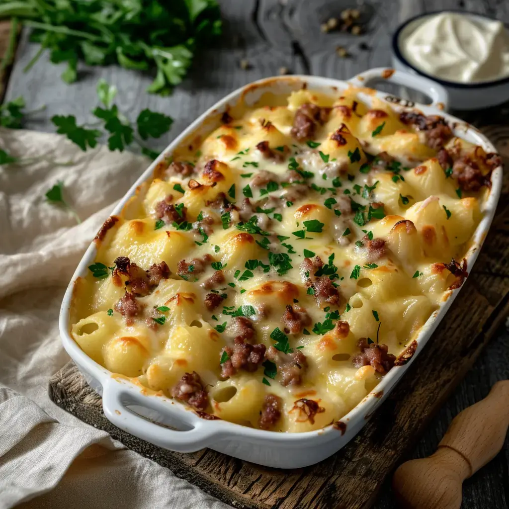 Ein gebackenes Auflaufgericht mit Nudeln, Hackfleisch und cremiger Sauce, dekoriert mit frischen Kräutern.