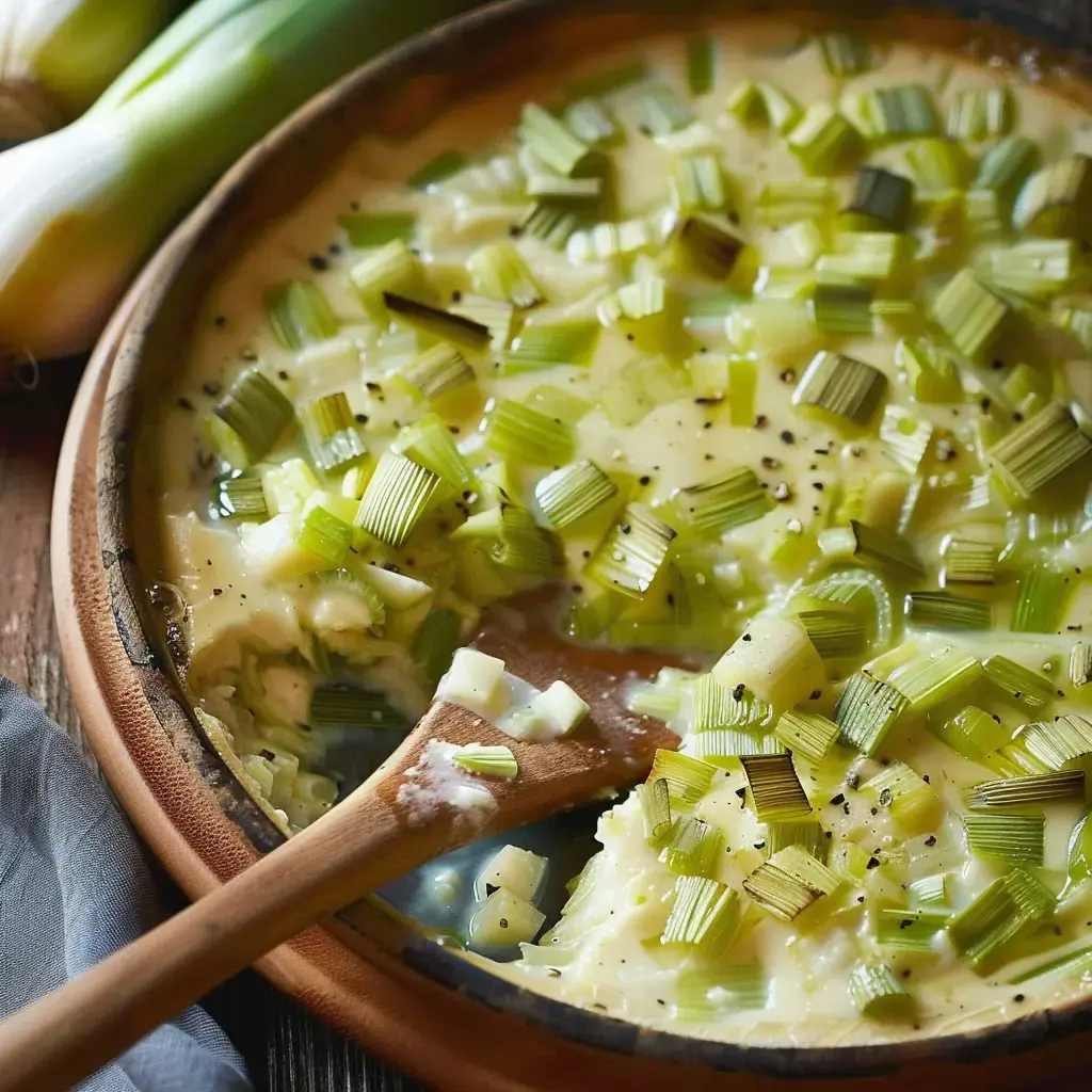 Ein cremiges Gericht mit Lauch, dekoriert mit frischen Lauchstücken und Pfeffer.