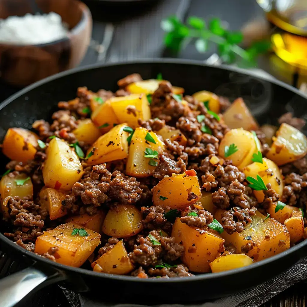 Eine Pfanne mit Rinderhackfleisch und goldbraunen Kartoffeln, garniert mit frischer Petersilie.