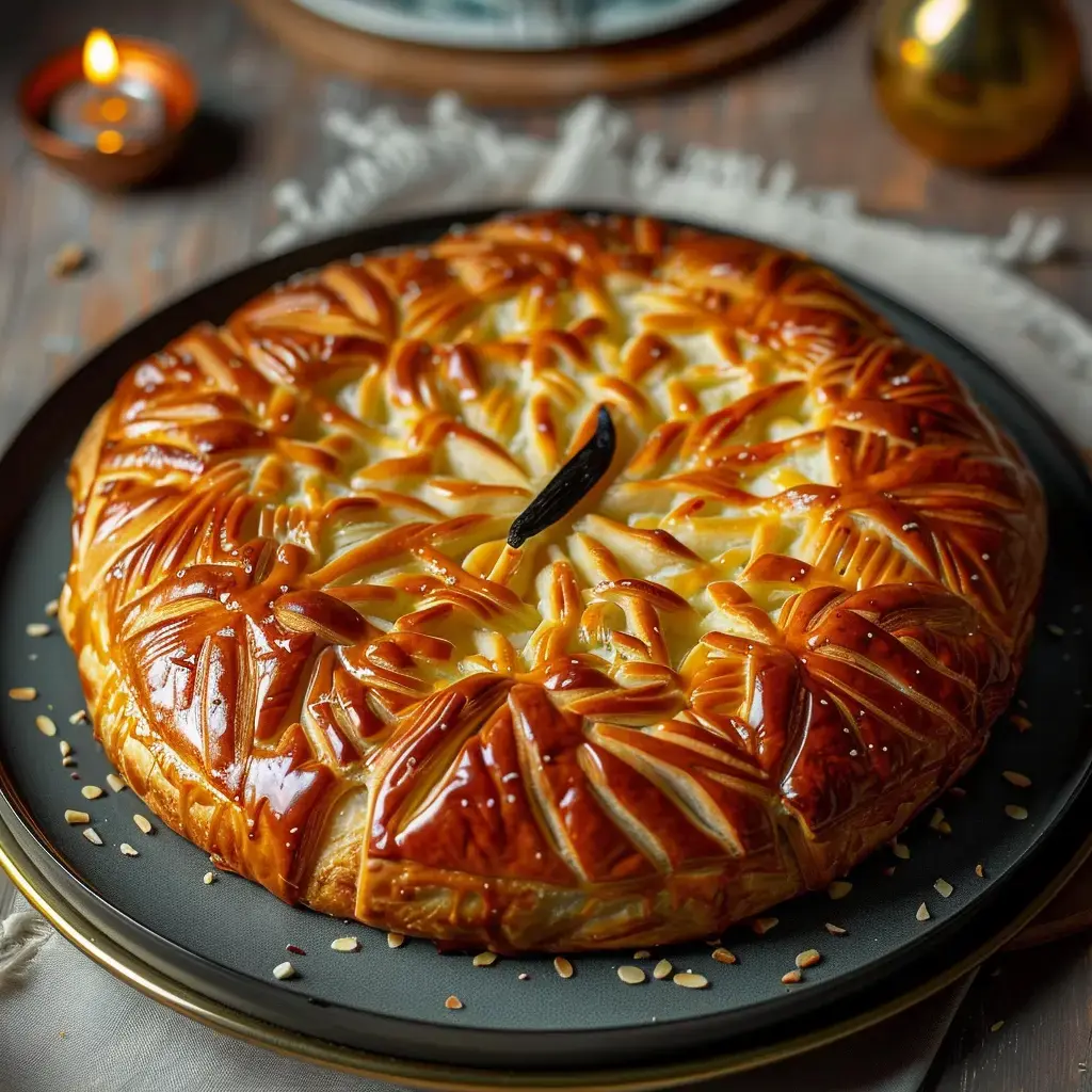 Ein goldener Kuchen mit kunstvollen Blattmustern auf einer schwarzen Platte angerichtet.