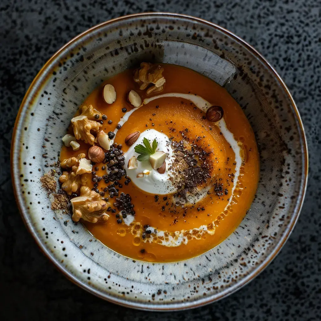 Eine orangene, cremige Suppe in einer kunstvollen Schüssel, garniert mit Sahne, Nüssen und Gewürzen.